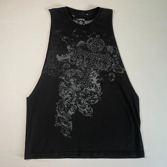 VINTAGE Carbon Rhinestone Cross Black Cutoff Tank Top | Size M - Picture 1 of 5